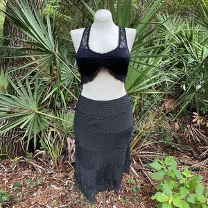 Vintage Y2K Striped Silk Midi Skirt Black White Sheer Lined Leggiadro Size 10